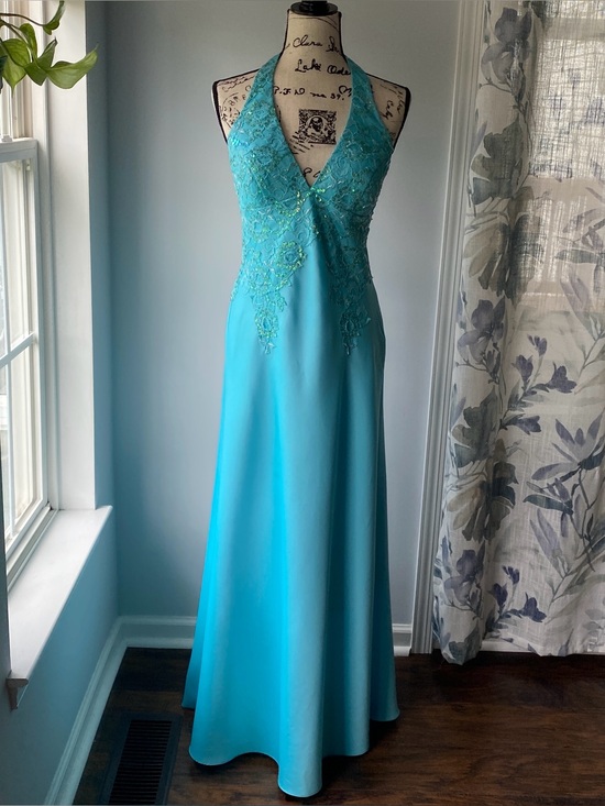 flori design Dresses & Skirts - Vintage Y2k 90s Aqua Beaded Fairy Halter Prom Dress - sz 10